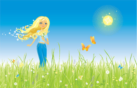 The girl and butterfly. Grass and flowers.のイラスト素材
