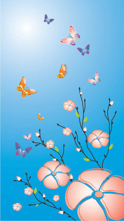 Vector flowers and butterfly backgroundのイラスト素材