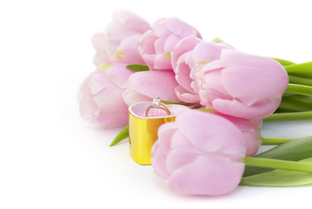 Ring and pink tulips isolated on whiteの写真素材