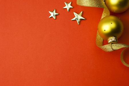 XXXL size \ christmas holiday background with golden stars, ribbon and bauble \の写真素材