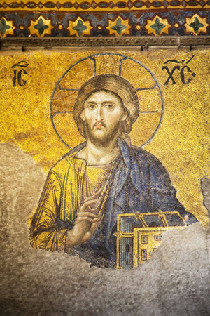 Mosaic of Jesus Christ found in the old church of Hagia Sophia in Istanbul, Turkey.の写真素材