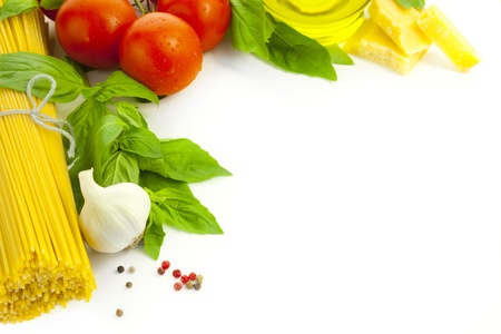 Ingredients for Italian cooking / frame composition / isolated on whiteの写真素材