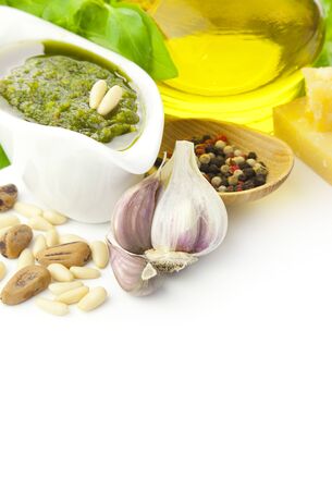 Fresh Pesto and its ingredients / isolated on whiteの写真素材