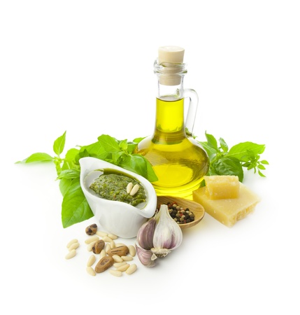 Fresh Pesto and its ingredients / isolated on whiteの写真素材