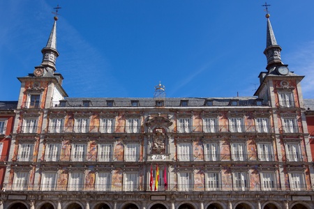 Architecture at Plaza Mayor in Madrid, Spain / Casa de la Panaderia / sunlight and blue sky の写真素材