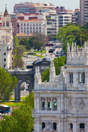 Aerial view of Madrid (Spain) / Famous Alcala Gate, builldings and street / Plaza de la Independenciaの写真素材