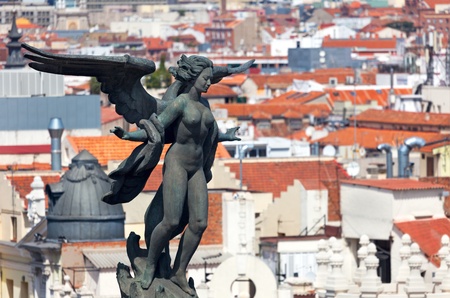 Aerial view of Madrid  Spain    Famous Statue on the top and roofsの写真素材