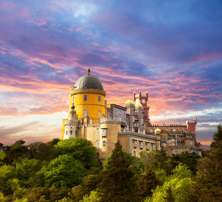 Fairy Palace against sunset sky    Panorama of Pena National Palace in Sintra, Portugal   Europeのeditorial素材