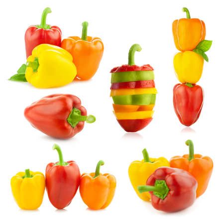 Colored Fresh Peppers -  big Set - Vegetable - Colorful  Different compositions  Isolated on a white backgroundの写真素材