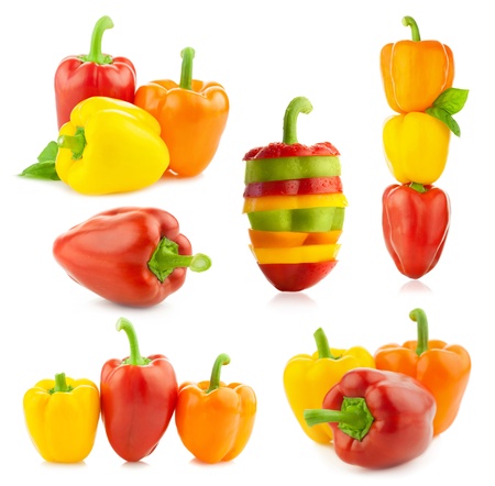 Colored Fresh Peppers -  big Set - Vegetable - Colorful  Different compositions  Isolated on a white backgroundの写真素材