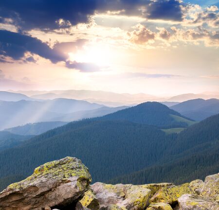 majestic Sunrise over the mountains  with sunbeams, Carpathians, Europeの写真素材