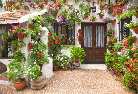 Spring Flowers Decoration of Old House, Spain, Cordoba, Europeの写真素材