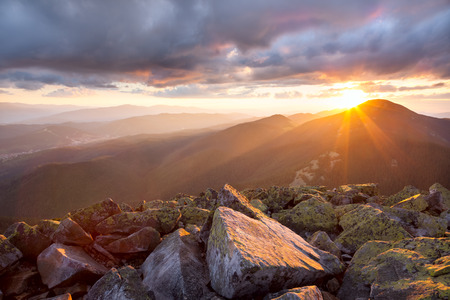 Majestic sunset in the mountains landscape  Dramatic sky and colorful stones  Carpathians, Ukraine, Europeの写真素材