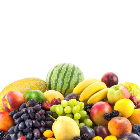 Border of mixed fruits isolated on white with copy space fot textの写真素材