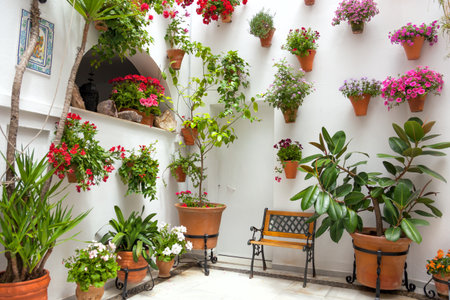 Spring Flowers Decoration of Old House, Spain, Cordoba Patio Fest, Europeの写真素材