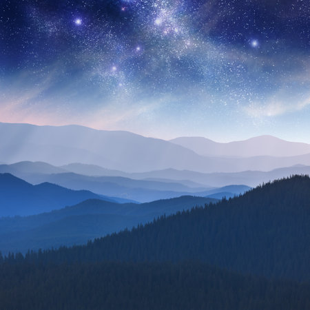 Night landscape in the mountain with stars - dark blue skyの写真素材