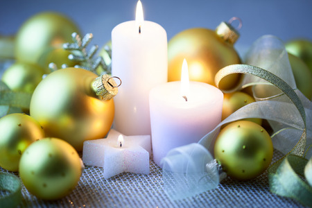 Night Christmas  Decorations with candles, baubles and ribbons - horizontalの写真素材