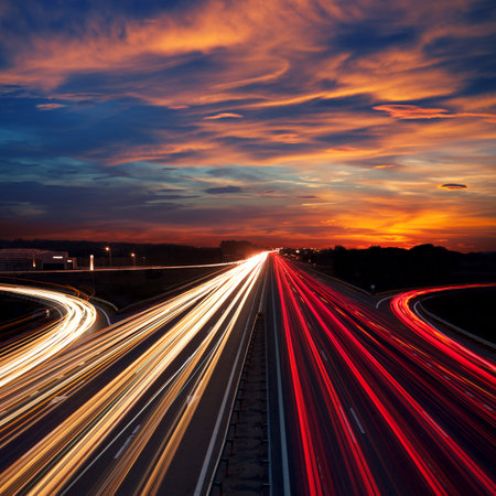 Speed Traffic at Dramatic Sundown Time - light trails on motorway highway at night, long exposure abstract urban background Speed Traffic at Dramatic Sundown Time - light trails on motorway highway at night, long exposure abstract urban background