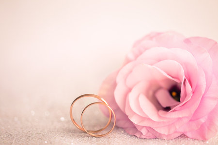 Gentle Pink Wedding Background with Rings and Beautiful Flowerの写真素材