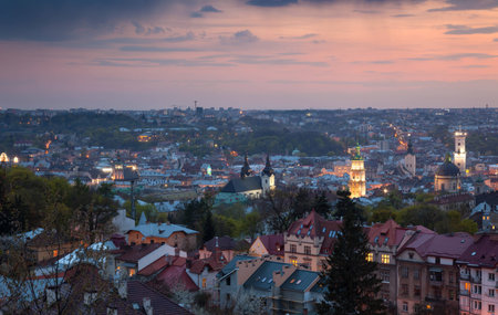 Panoramic Aerial view of old town at sundown. Lviv, Ukraine, Europeの写真素材