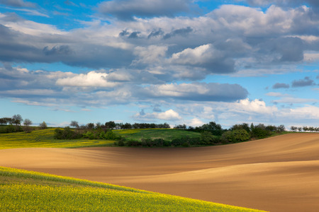 beautiful valley - colorful land and flowering field overlooking cloudy sky, farmlandの写真素材
