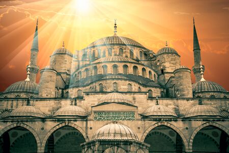 Fantastic view of Blue Mosque with sun and amazing sunbeams, Istanbul, Turkeyの写真素材