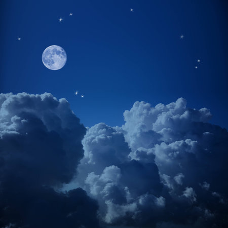 Fantastic Aerial view of  Night Sky - Clouds, Stars and the Moon, background  with copy spaceの写真素材