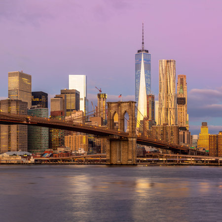 New York City - moning view of Manhattan with skyscrapers  and famous Brooklin Bridge