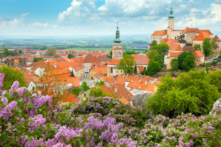 Picturesque Old European Town with castle, clock and flowers - Mikulov, Czech, Europeのeditorial素材