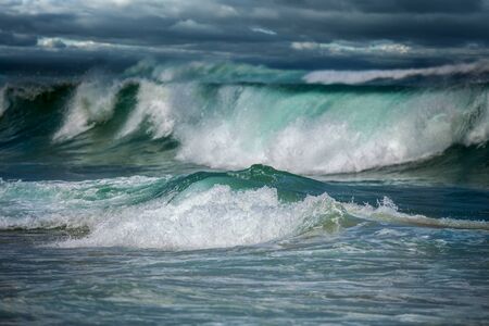 Dangerous stormy weather - dramatic seascape - dark clouds and big ocean waves