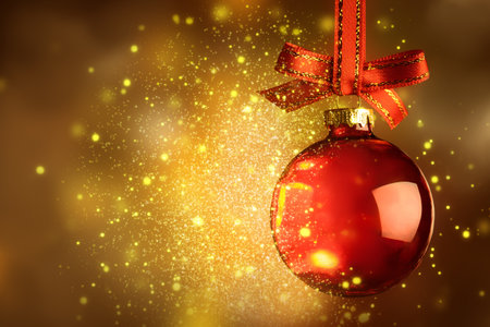 Christmas red bauble and bow  over magic  sparkle glitter shiny backgroundの写真素材
