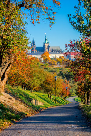 Sunny day in Prague park, colorful autumn season, Czech Republic, European cityのeditorial素材