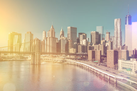 Skyline of downtown New York, Manhattan at the morning light  - vintage style, New York City, USAの写真素材