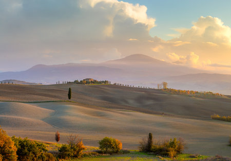 Real Tuscany Landscape at beautiful sunset, fantastic hills and colorful clouds, Tuscany, Italy, Europeのeditorial素材