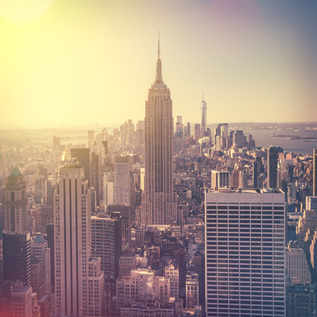 Aerial view of Manhattan skyline at sunrise, New York City, USA. Vintage style imageの写真素材