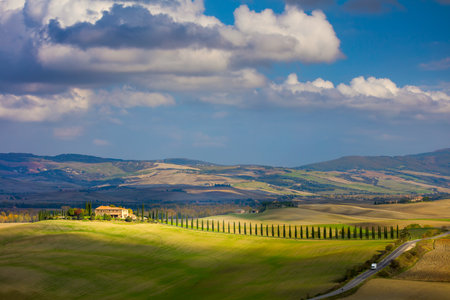 Sunny Tuscany landscape - beautiful hills and sky with clouds, amazing weather and nature, Tuscany, Italy, Europeのeditorial素材