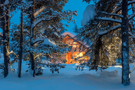 Wooden house with warm light in dark cold winter forest - Winter fairytale landscapeのeditorial素材