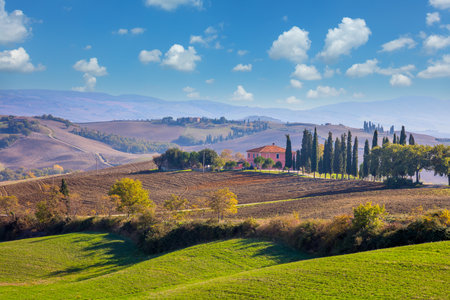 Sunny Day Tuscany landscape with beautiful hills, fields and meadow, spring timeのeditorial素材