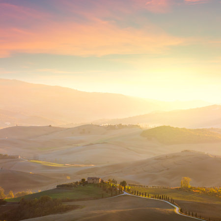 Sunny Tuscany counryside  landscape at gentle sunrise light.  Italy, Europeの写真素材