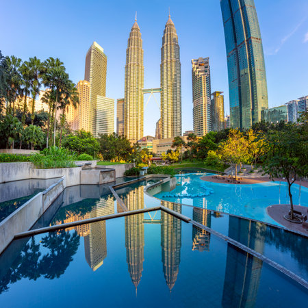 Famous Petronas Twin towers panorama at early morning, Kuala Lumpur, Malaysia, central park KLCCのeditorial素材