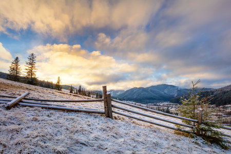 Colorful sunrise - Winter morning in snowy Mountains. Landscape. Ukraine, Europeの写真素材
