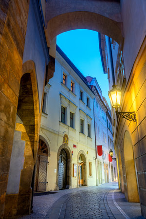 Historic amazing Prague street at night with old lamps, nobody, Czech Republic, Europeの写真素材