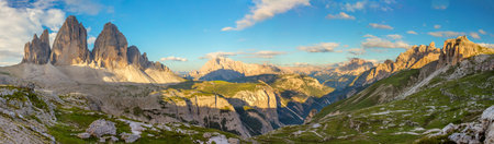 Panorama of Famous Tre Cime di Lavaredo at the morning, Dolomites Alps, Italy, European travelの写真素材