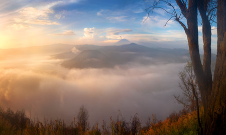 Bromo volcano at sunrise, Mount Bromo, is an active volcano, Tengger Semeru National Park, East Java, Indonesiaの写真素材