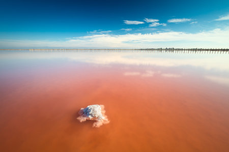 Real amazing pink color salt lake with salt stone and deep blue sky, minimalistic landscape, Ukraine, Europeの写真素材