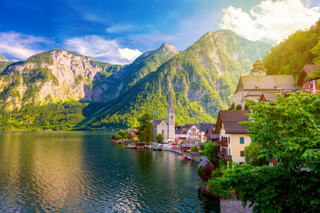 Picturesque view of old european town Hallstatt, beautiful village in Alps mountain near lake, Austria, Europeの写真素材