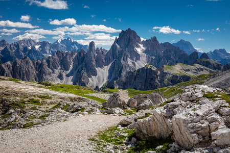 Amazing Mountain Landscape with big peaks of Dolomites Alps and path, Italy, Europeの写真素材