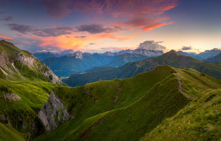 Alps Mountains valley at sunrise time, summer in hight mountains, panoramic landscape. European travel.の写真素材