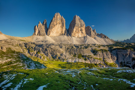 Famous place - Tre Cime di Lavaredo Mountains at summer with blue sky, Dolomites Alps, Italyの写真素材