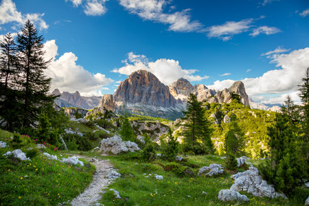Adventure Landscape of small path and mount in Italian Alps Mountains in summerの写真素材